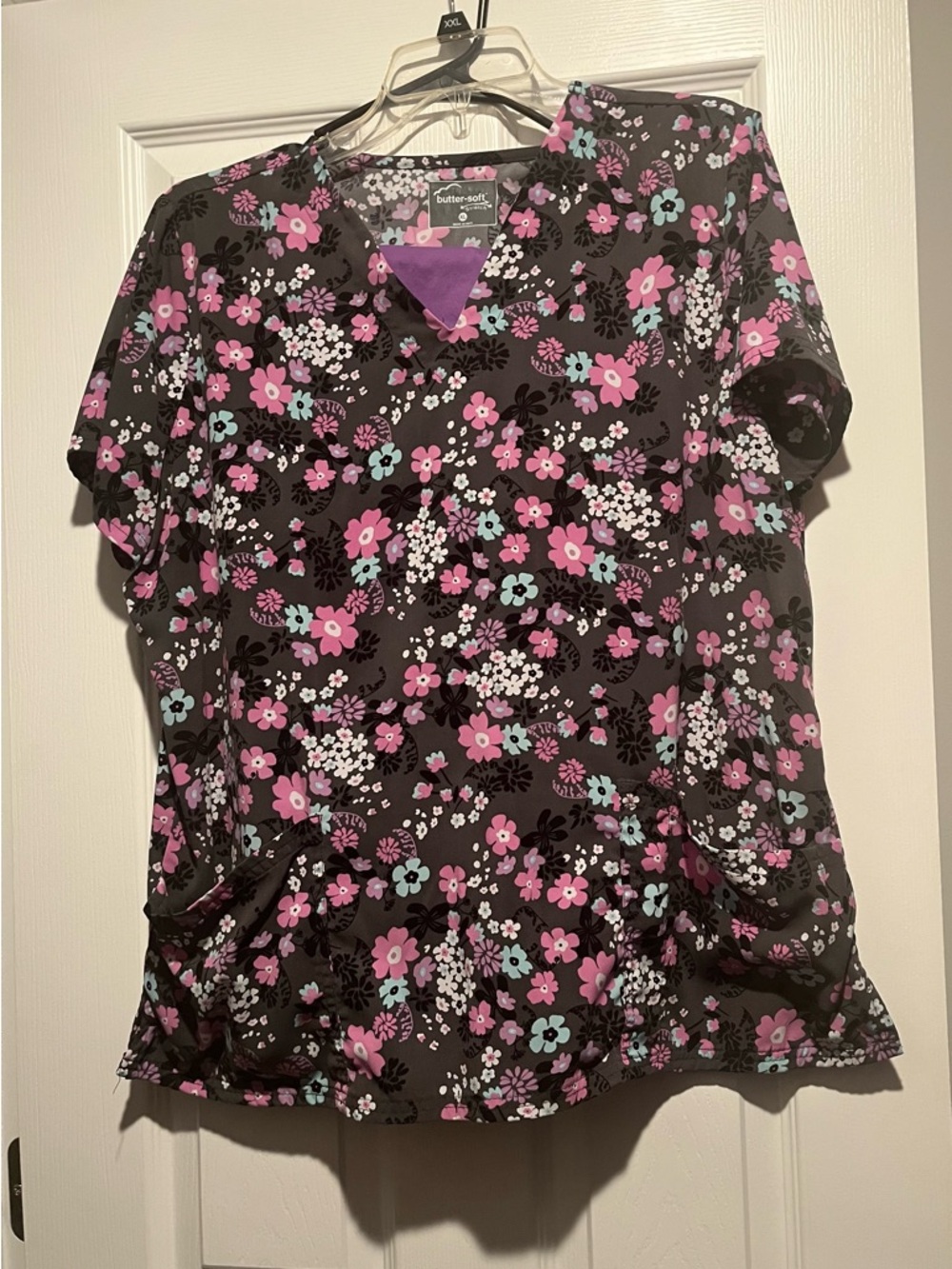 Butter Floral Print Short Sleeve Scrub Top in Black, Pink and Mint,  purple pant